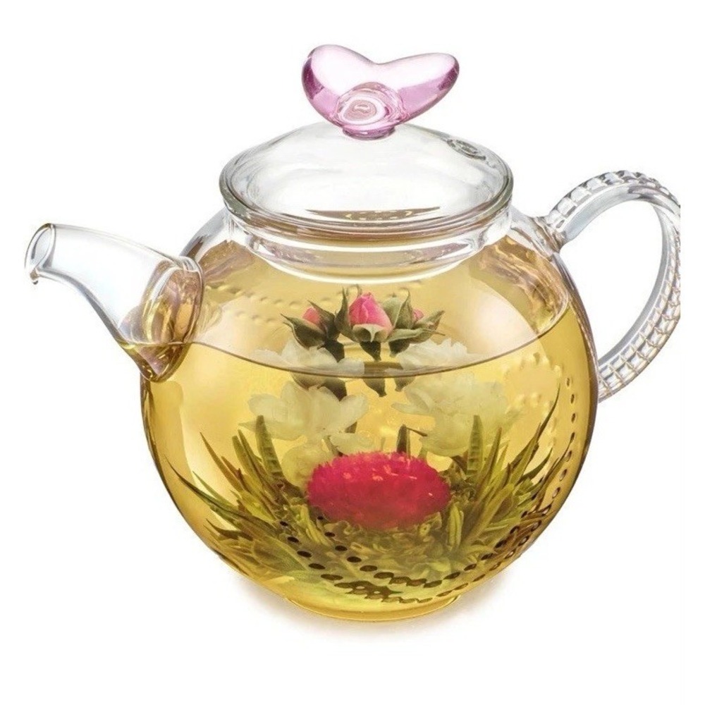 Teabloom Eternal Love Glass Teapot (36 oz), Heart-Topped Lid Glass Teapot Warmer